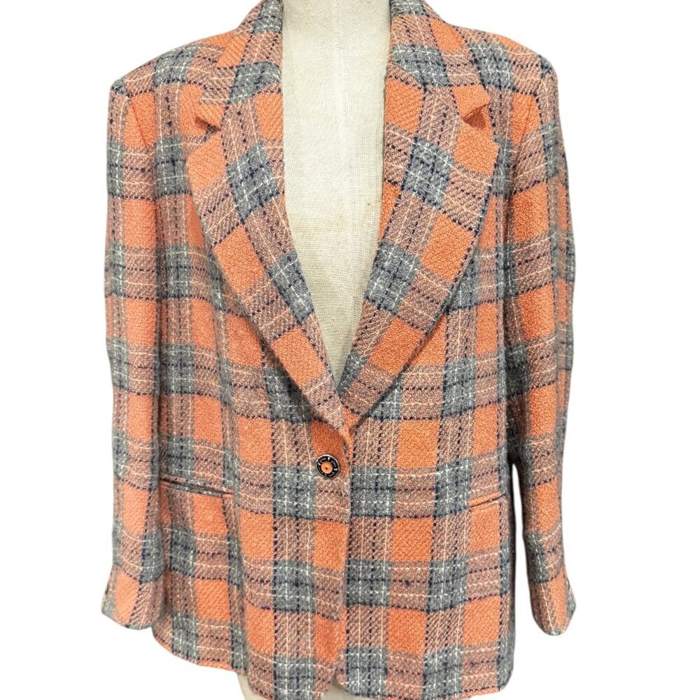 Vintage 1970s Bleyle Mohair Wool Plaid Blazer Orange Gray Size 18
